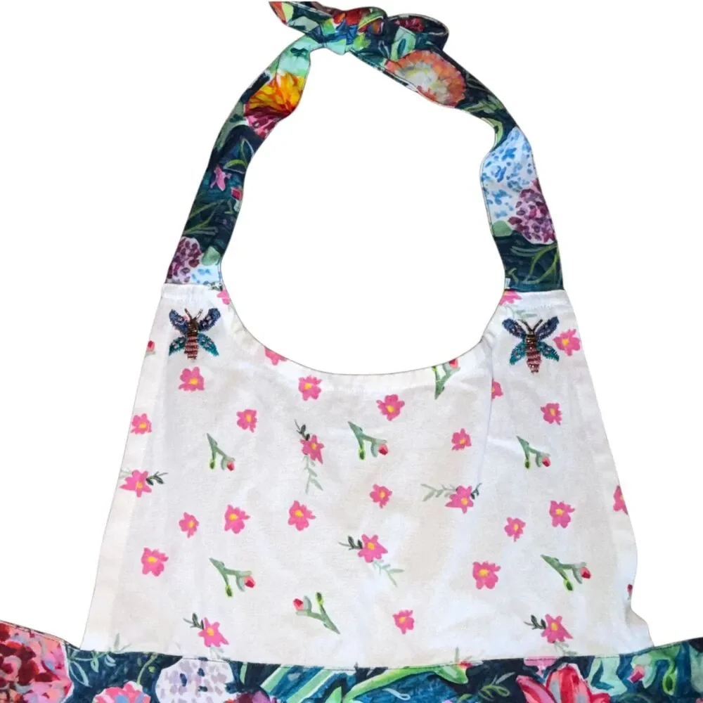 Anthropologie Bib Apron Womens One Size Halter Floral Embroidered Beaded Kitchen